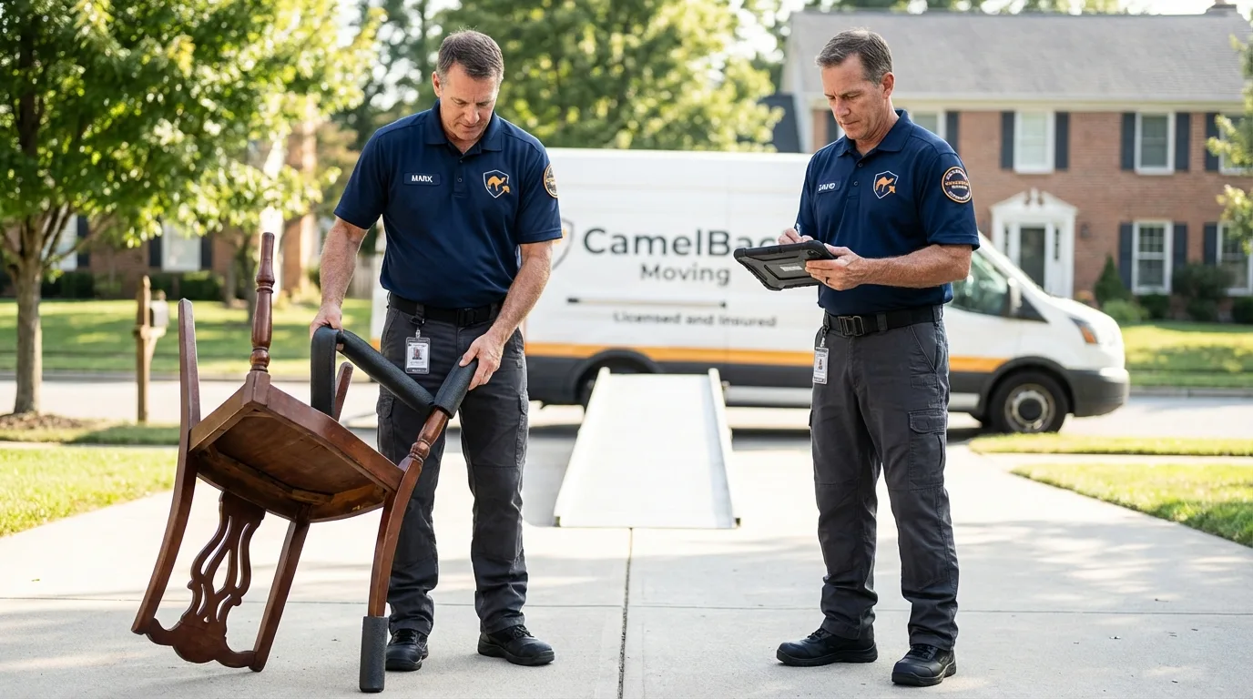 Movers inspecting furniture for damage prevention before loading in Kulpmont, PA
