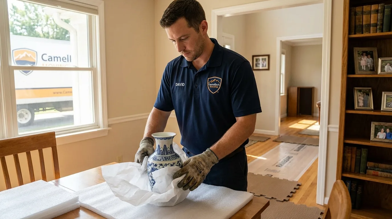 Professional crew carefully wrapping antique vase for senior downsizing move in Kulpmont, PA